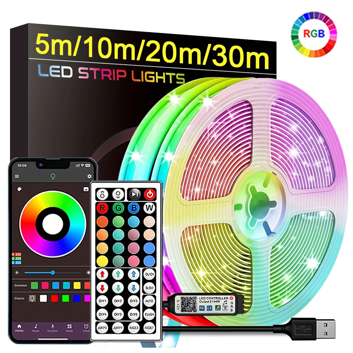 ruban led multicolore flexible moderne adhésif télécommande chargeur usb