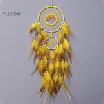 Un capteur de rêves jaune orné de plumes et de décorations en forme d'arbre de vie, suspendu sur un fond gris.