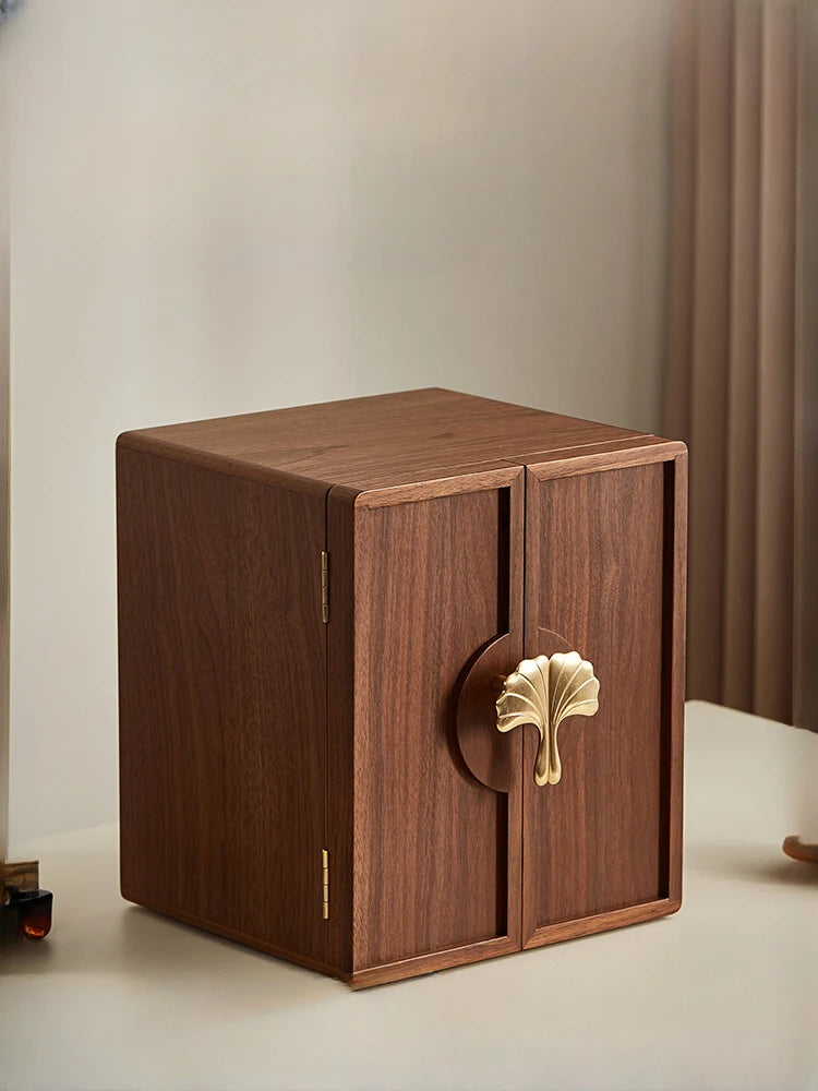 coffret bijoux bois marron tiroirs poignées dorées rangement moderne minimaliste