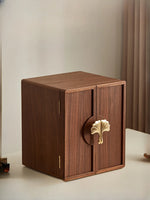 coffret bijoux bois marron tiroirs poignées dorées rangement moderne minimaliste
