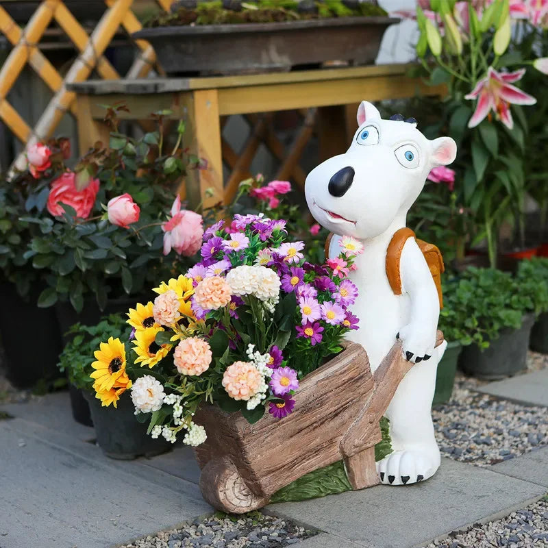 statue ours brouette fleurs artificielles brouette bois décor jardin floor decoration succulent container