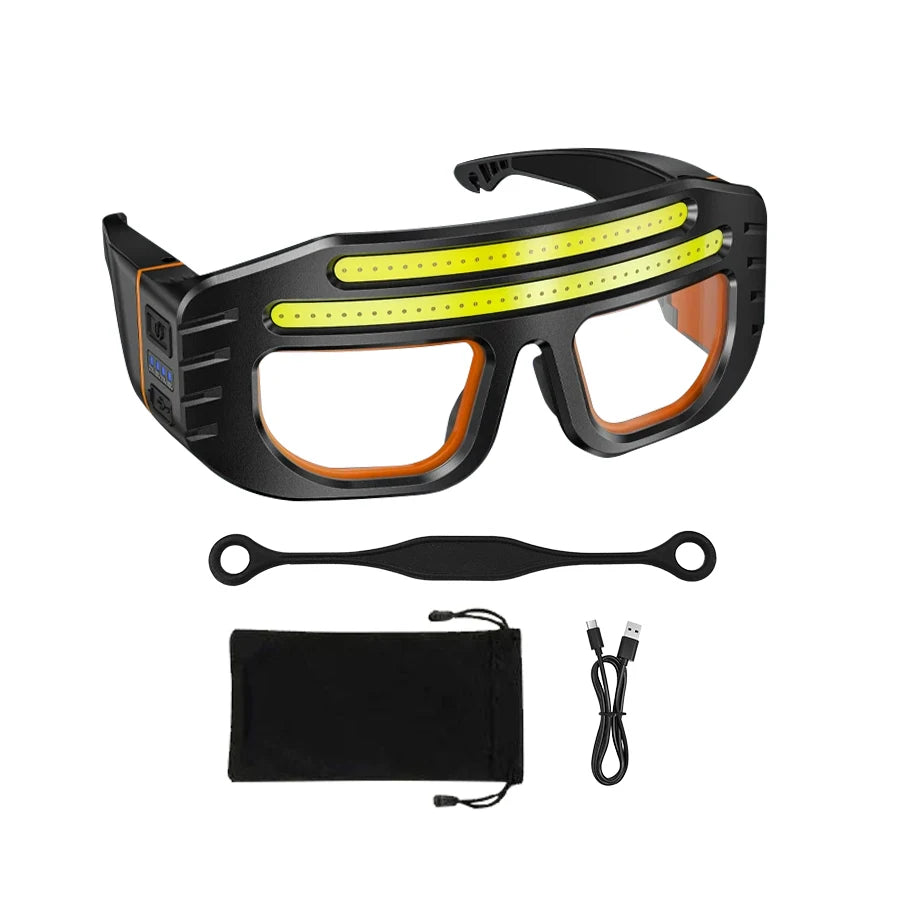 lunettes travail lampe frontale rechargeable noir orange jaune bandes lumineuses intégrées clip frontal sac