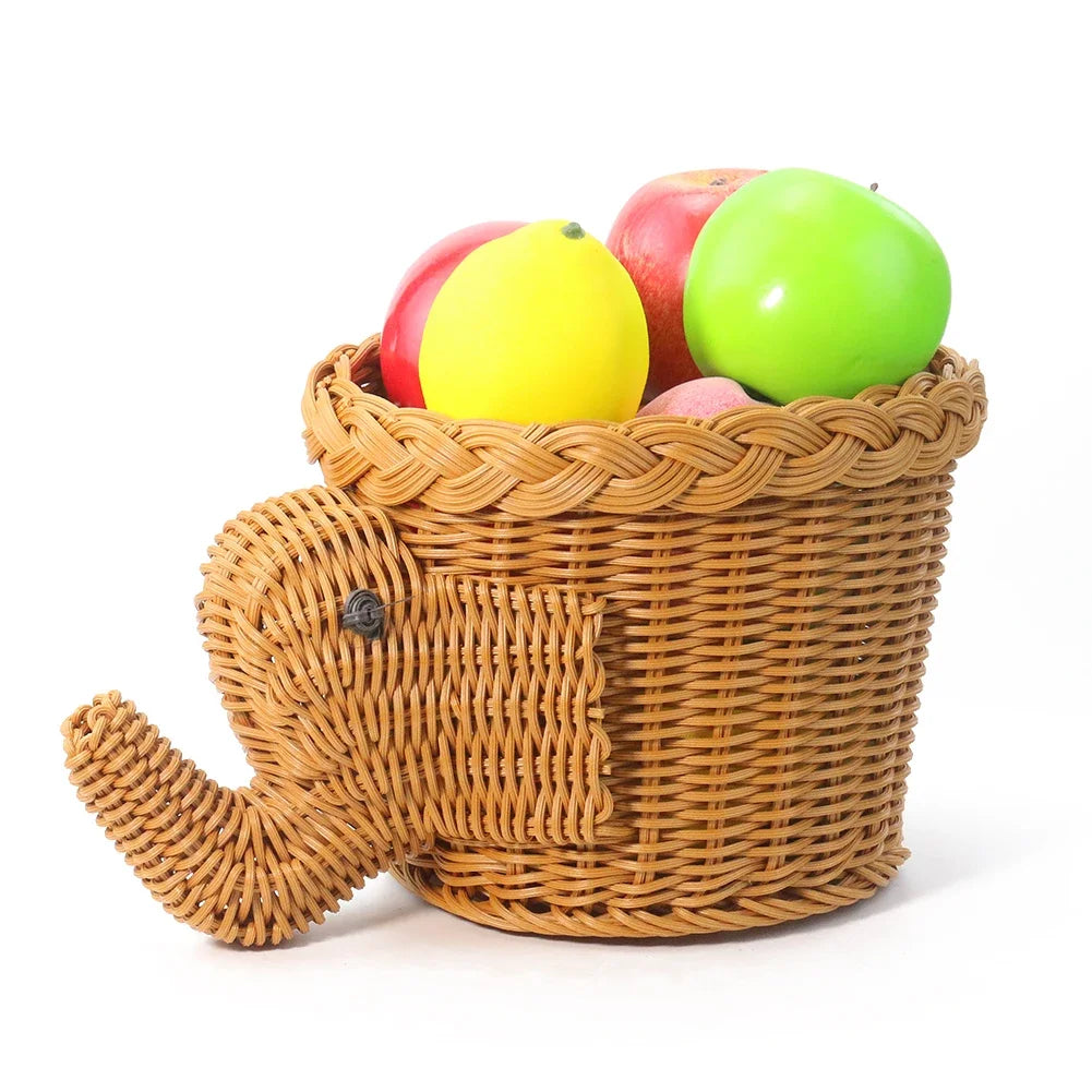 panier rangement tressé forme éléphant décoratif couleur beige marron fruits variés réutilisable respectueux environnement