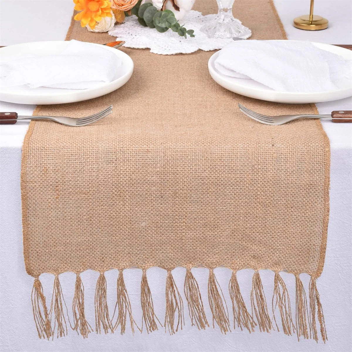 chemin table toile jute beige rustique serviettes décoration salle manger