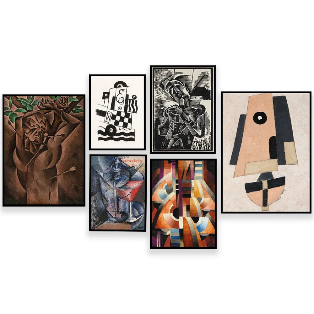 Un ensemble d'œuvres d'art avant-gardistes aux styles variés, allant du cubisme au futurisme, illustrant la diversité de l'art moderne.