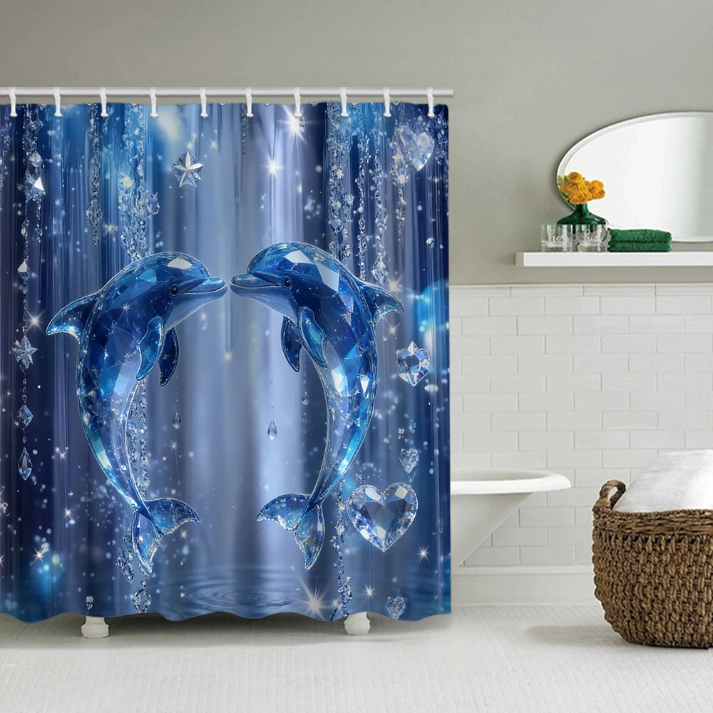 rideau douche bleu dauphins moderne tapis couvercle toilette bain étoiles coeurs anneaux métalliques polyester