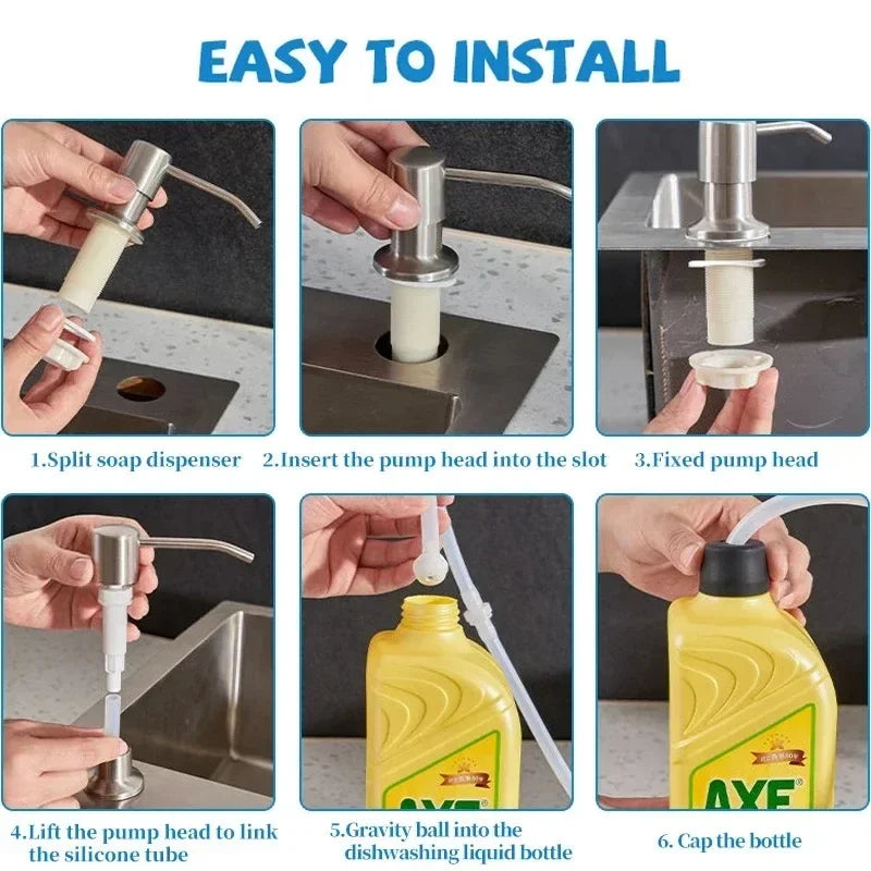 distributeur savon liquide argenté noir moderne fixation vis tube silicone bouchon valve sécurité flacon
