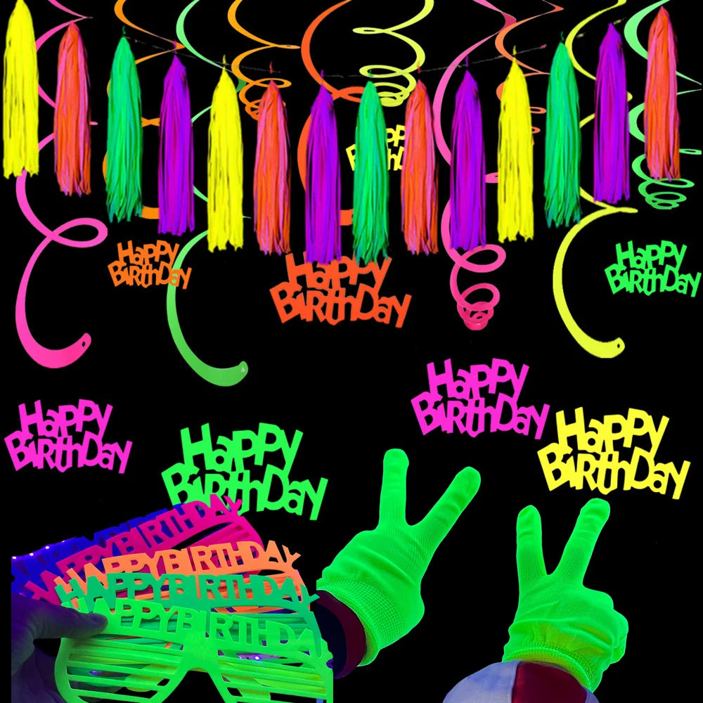 décorations fête uv guirlandes fanions ballons lettres happy birthday lunettes cupcakes