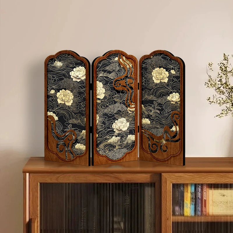 paravent vintage fleurs blanches noires motifs floraux artisanal doré salon chambre étude