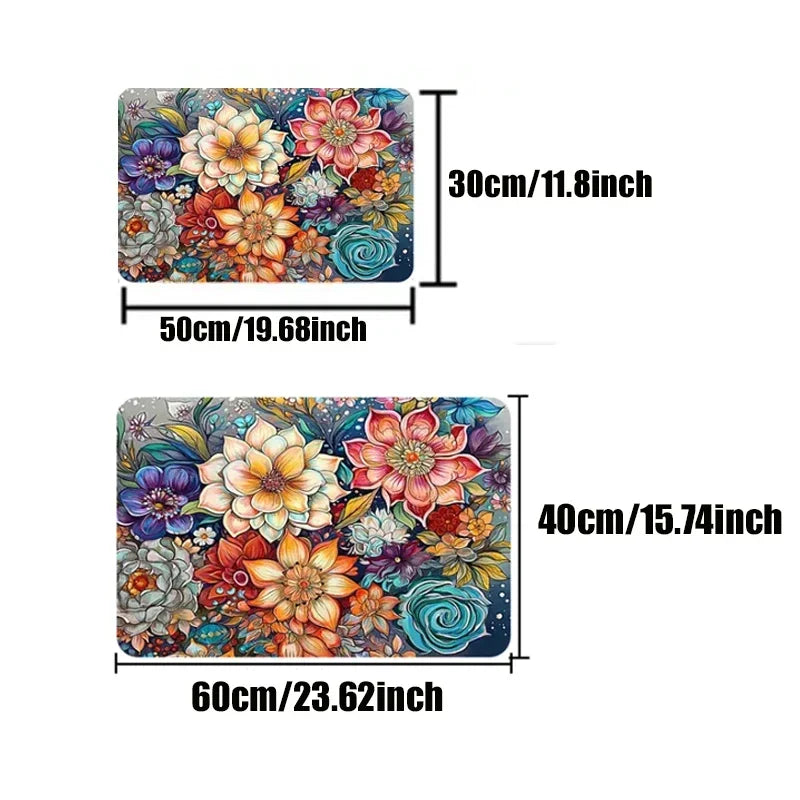 tapis sol antidérapant motif floral unicorn médiéval couleur noire jaune rouge vert blanc