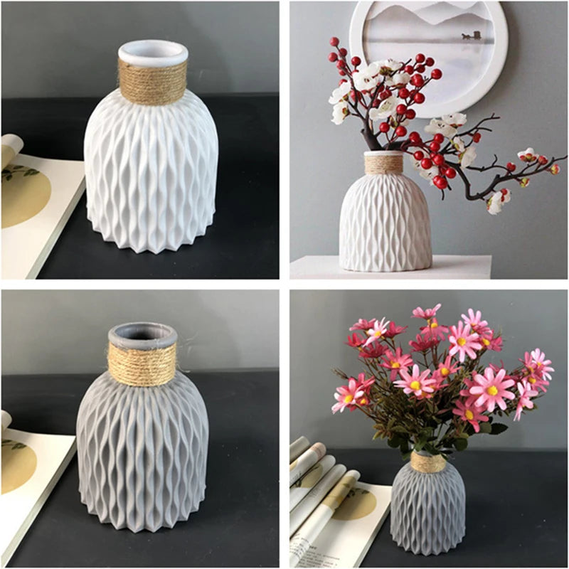 vase décoratif moderne rose fleurs artificielles corde tressée ondulé minimaliste