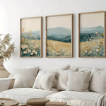 tableaux paysage fleurs montagne bohème moderne toile huile beige vert jaune blanc gris farmhouse