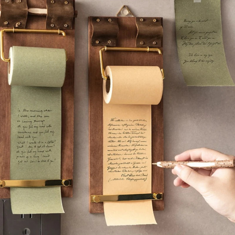 support papier autocollant vintage cuir marron vert thé clips métal doré stylo bois