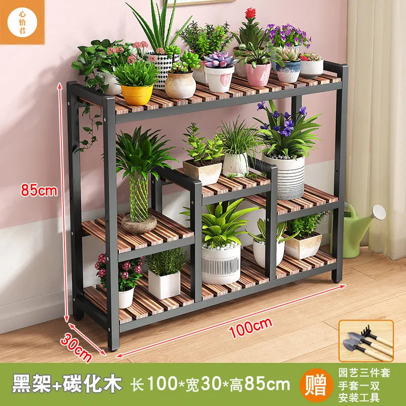 étagère extérieure moderne multi niveaux métal bois plantes balcon jardin noir blanc