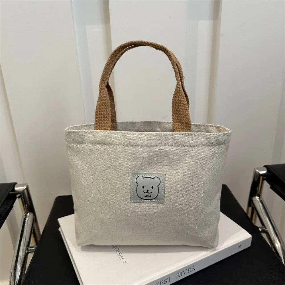 sac main toile ours décontracté unisexe poignées motif ours beige casual resistant polyester