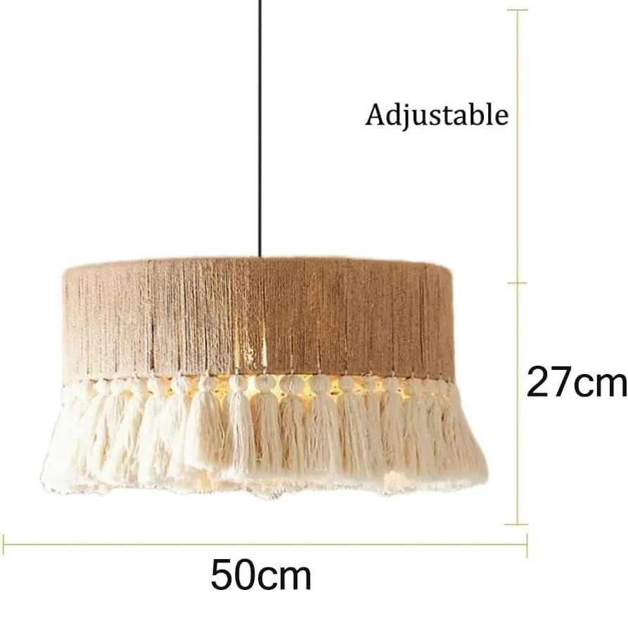 lampe suspendue moderne bohème tissu tressé franges blanches 40cm beige blanc