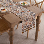 tableau decoratif floral oiseaux franges pompons beige marron bleu orange rustic boheme 33x180cm