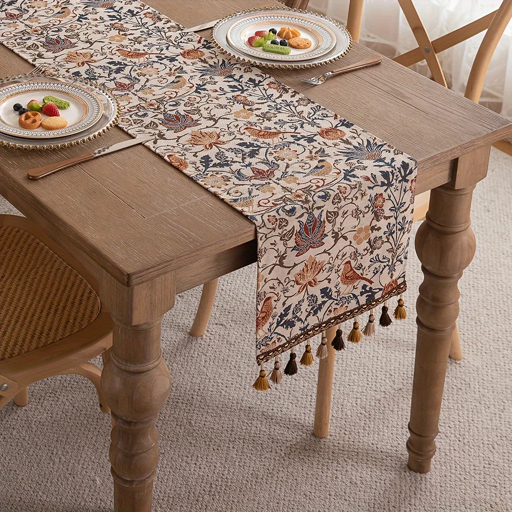 tableau decoratif floral oiseaux franges pompons beige marron bleu orange rustic boheme 33x180cm