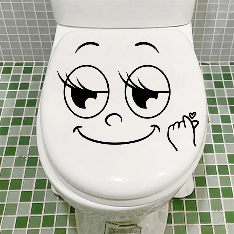 sticker autocollant toilette visage souriant dessin animé simple pvc noir inclusion chambre bains décoration