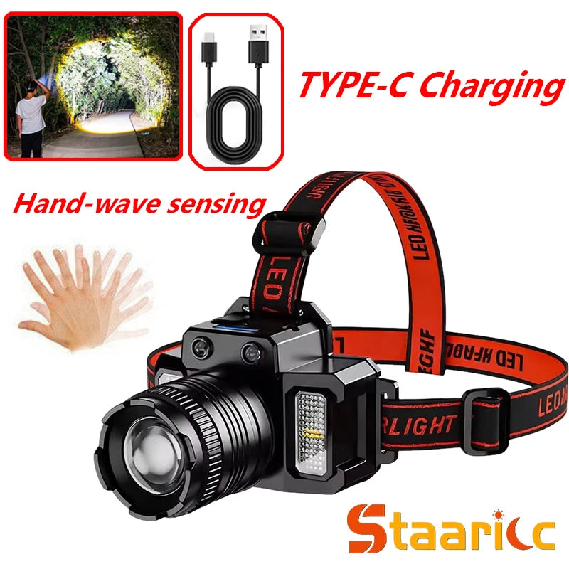 lampe frontale led rechargeable usb noir orange rayures ceinture ajustable interrupteur multifonction moderne pratique