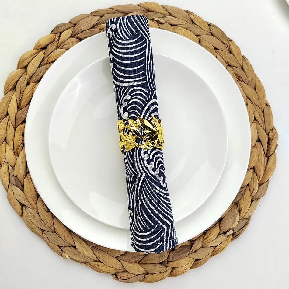 serviettes cuisine bleu marine blanc motif ondulé clips dorés moderne 30x45cm poly coton nhà