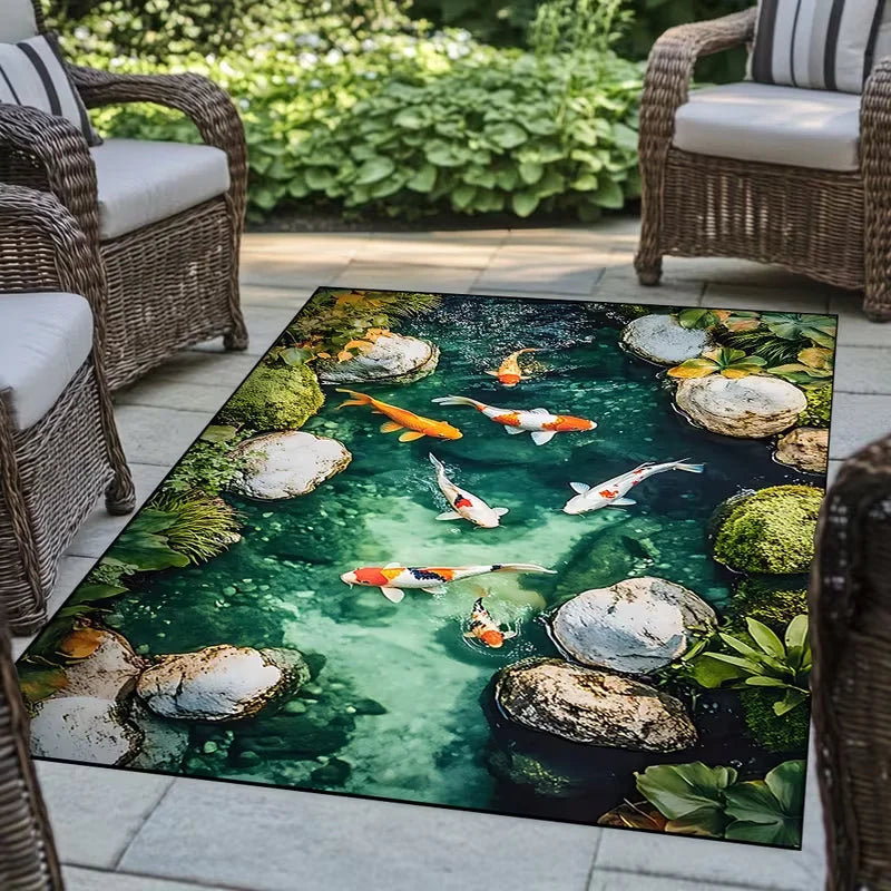 tapis moderne poisson carpe roches eau vert orange salon maison prièreextérieur commercialisation