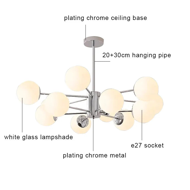Suspension lumineuse moderne boules sphériques translucides structure chromée salon chambre coucher