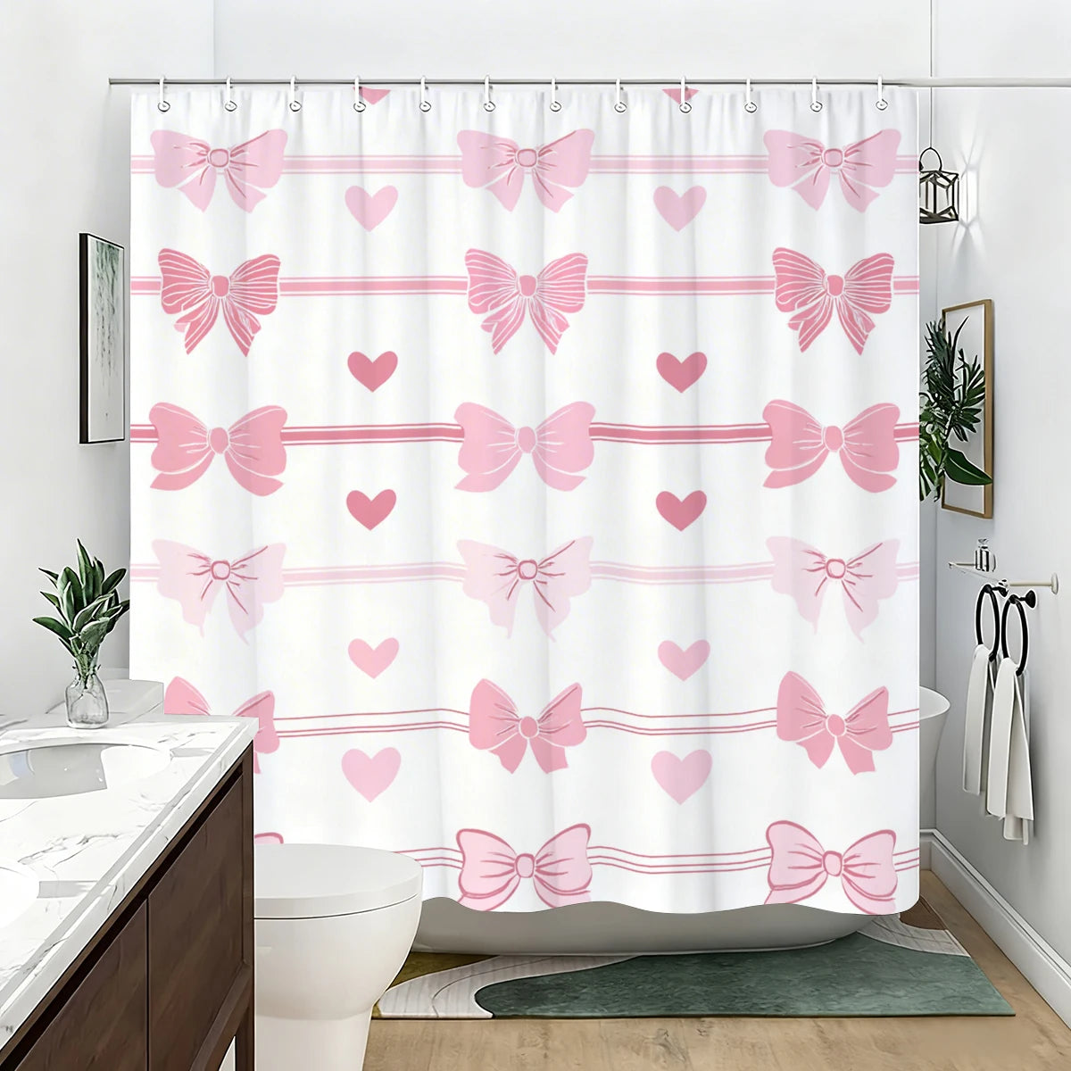 rideau douche moderne carreaux géométriques rouge rose blanc opacité anneaux métalliques durable chambre coucher