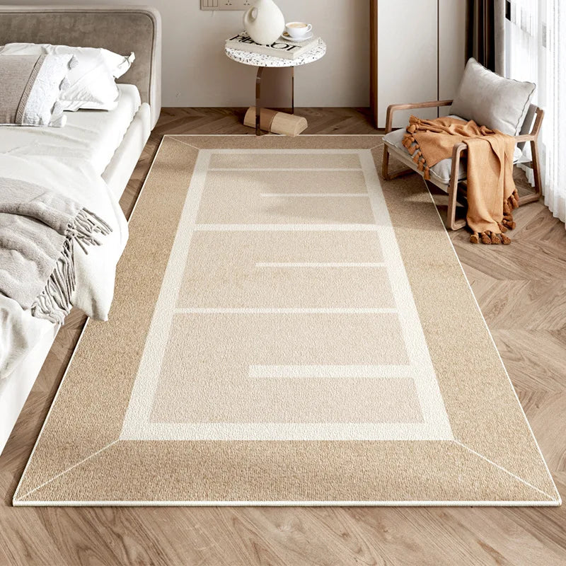 tapis salon moderne beige blanc rayures horizontales géométriques minimaliste antidérapant décoration maison intérieur chic