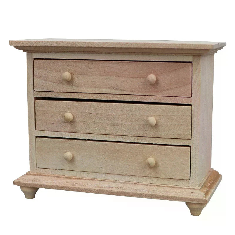 commode miniature bois naturel trois tiroirs étagère ouverte rustique chambre poupée