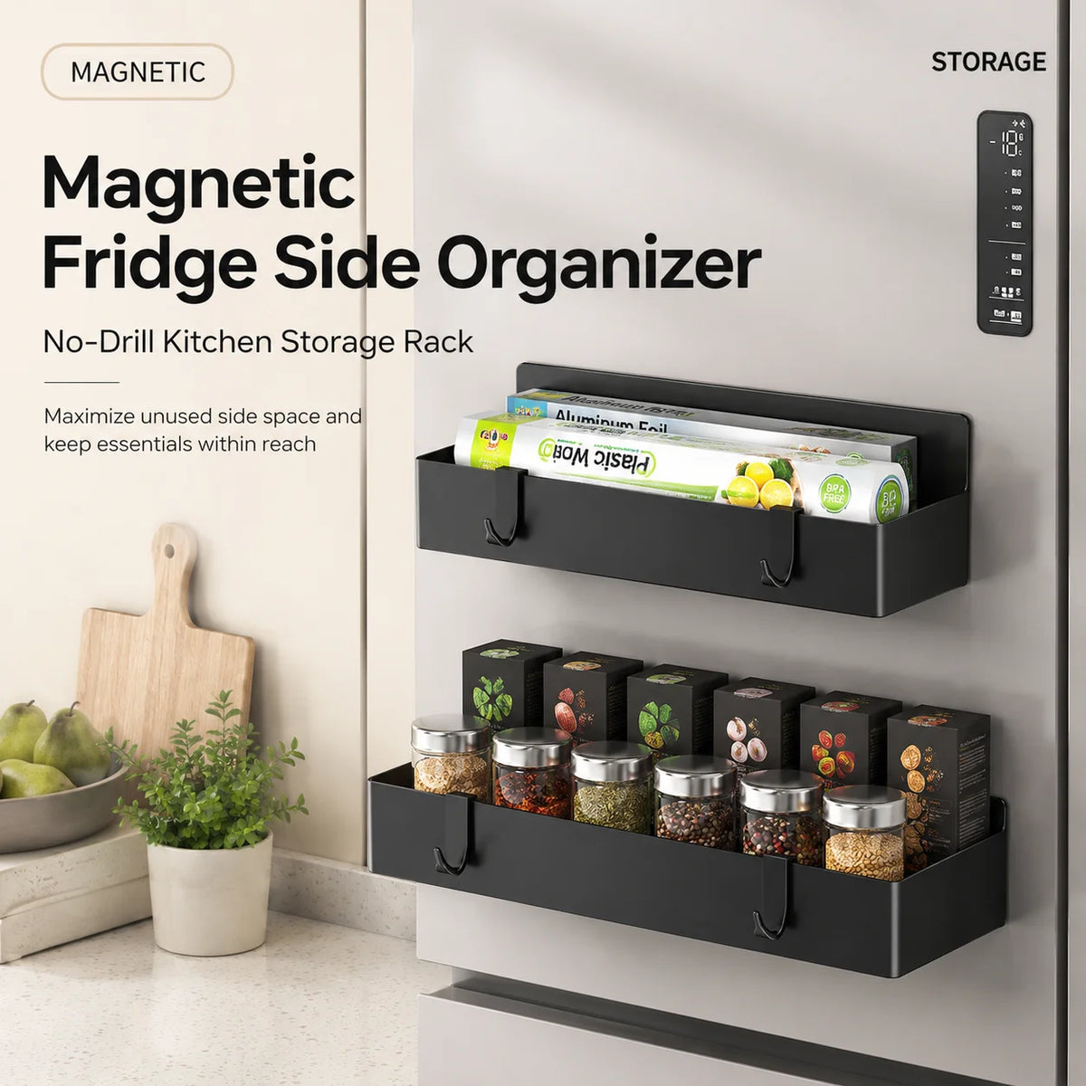 organisateur rangement mural magnétique noir moderne cuisine 26cm 28cm crochets compartiments