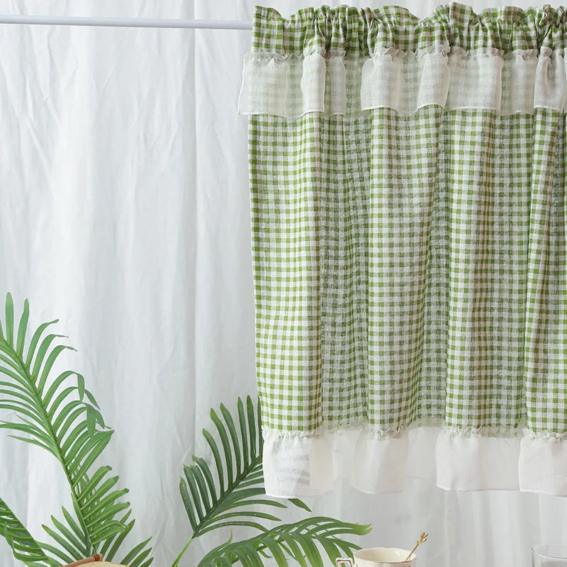 rideau vert carreaux polyester opacité classique rustique bordure dentelle chambre salon