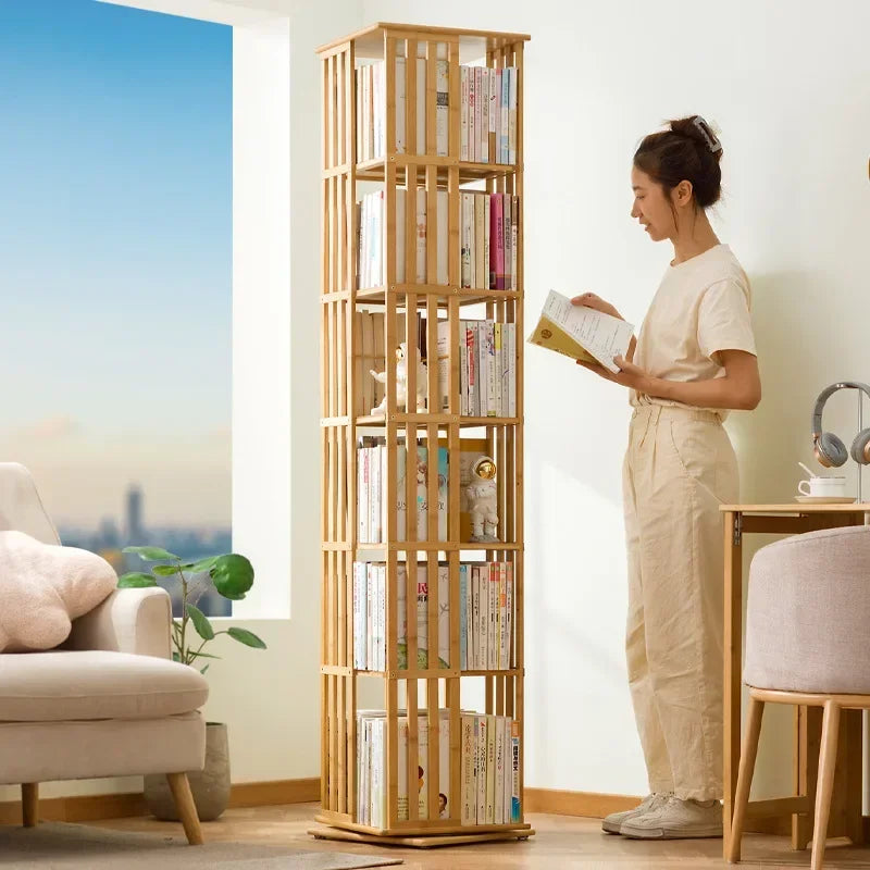 étagère rotative bambou meuble rangement livres salon moderne bois naturel minimaliste