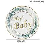 assiettes jetables anniversaire enfant vert doré hey baby guirlande feuilles textes festifs verres serviettes