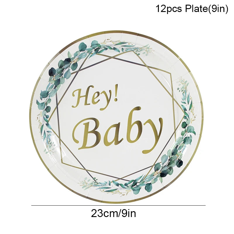 assiettes jetables anniversaire enfant vert doré hey baby guirlande feuilles textes festifs verres serviettes