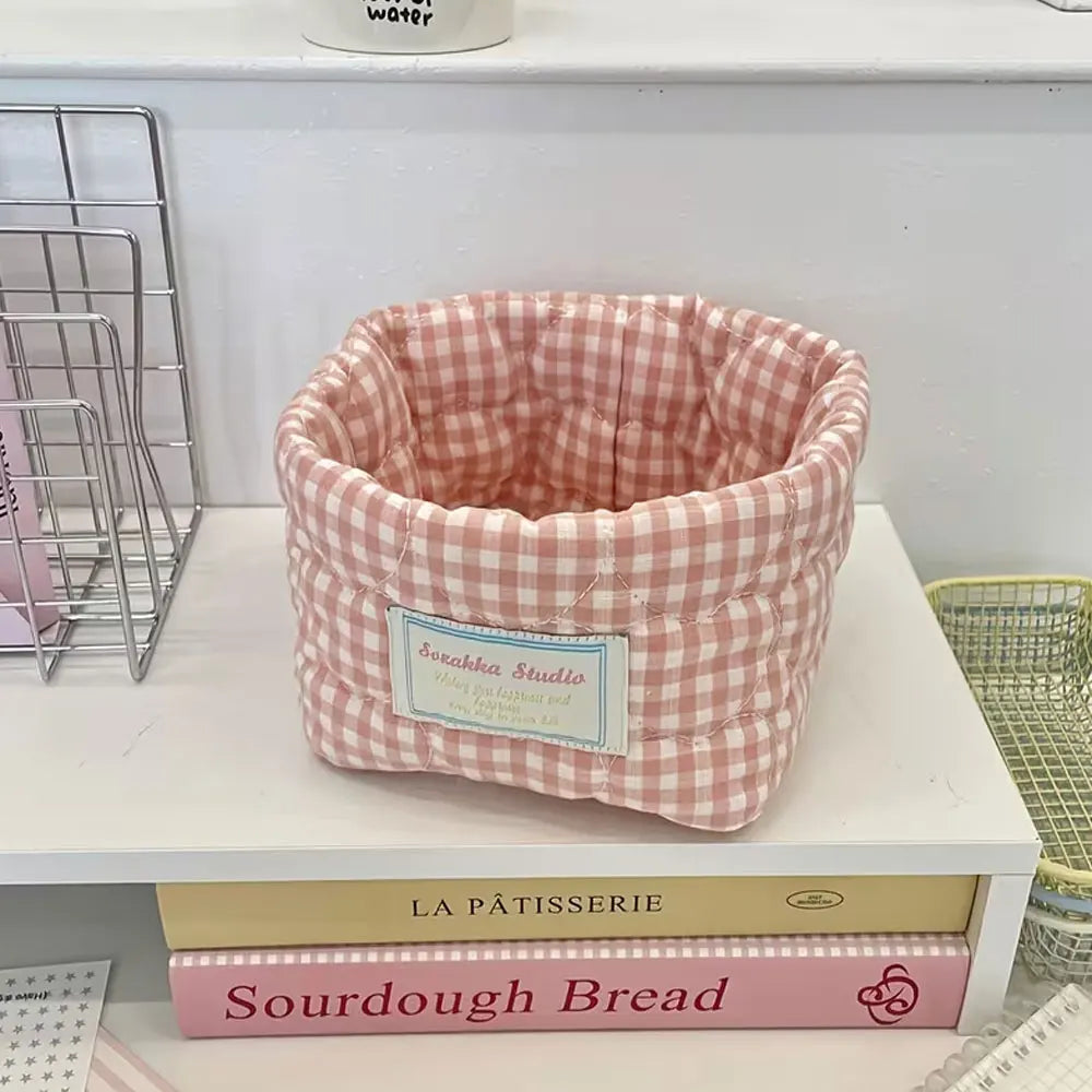 panier rangement tissu carreaux blancs bleu rose jaune vintage utilisation multiple portable opacité