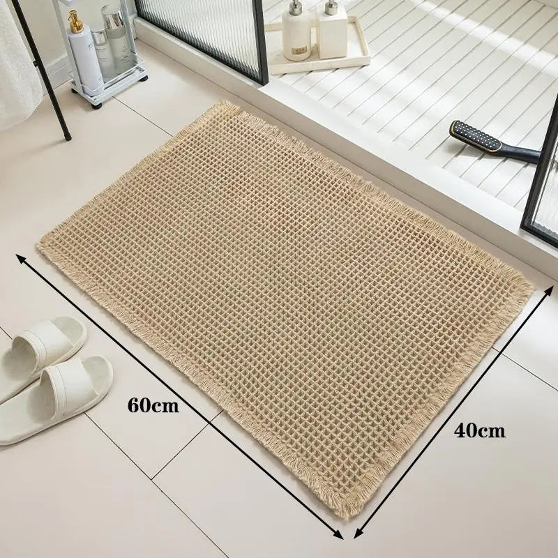 tapis bain beige clair gaufré antidérapant franges moderne dimensions 60x40cm