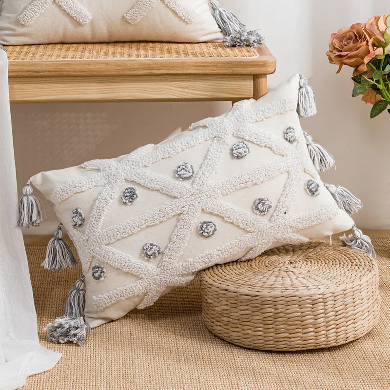 coussin géométrique moderne polyester gris beige amovible lavable contemporain decoration interieur tufter boheme