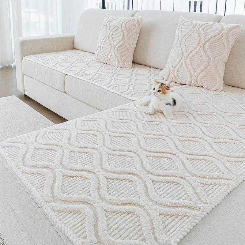 coussin canapé beige clair motif géométrique moderne fixation textile doux maison hiver