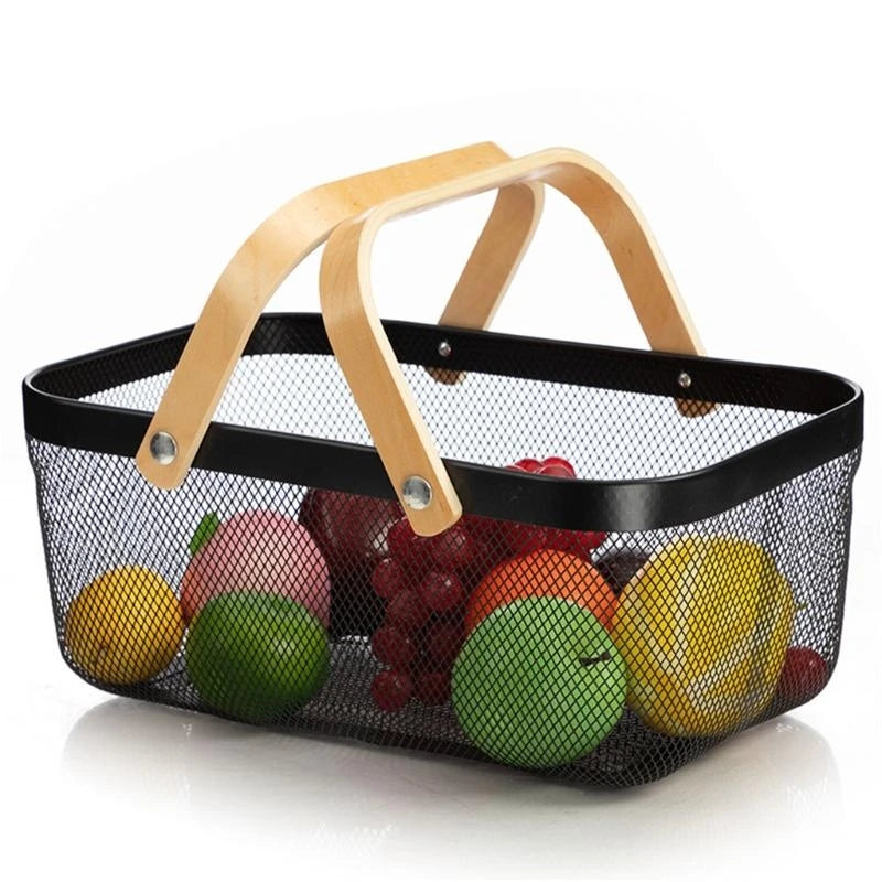 panier maille métal poignées bois blanc jaune noir moderne cuisine rangement fruits légumes