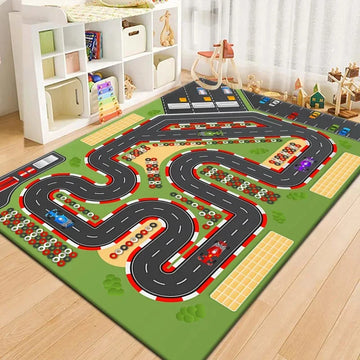 tapis jeu enfant ville animaux piste course chambre salon décoratif bleu vert gris blanc