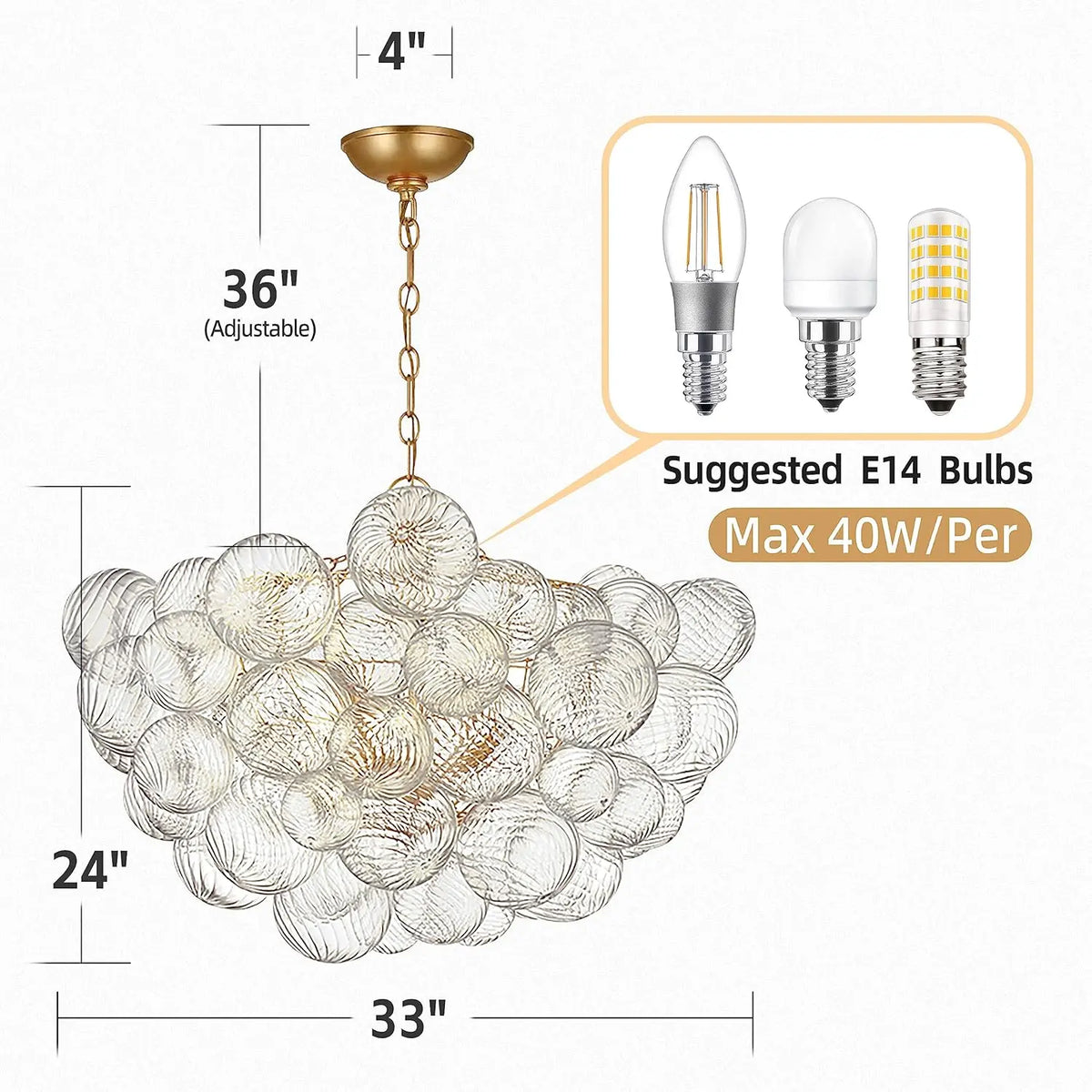 suspension lumineuse moderne élégante transparente billes dorées effet bulles chaîne métallique chambre salon étude