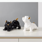figurine chien bouledogue français noir blanc détails dorés lisse brillante moderne décorative