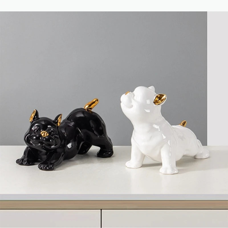 figurine chien bouledogue français noir blanc détails dorés lisse brillante moderne décorative