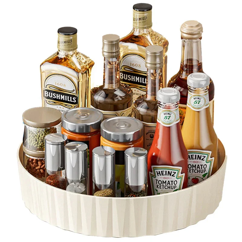 plateau rotatif rangement transparent moderne bouteilles pots condiments cosmétiques organisation cuisine respectueux environnement