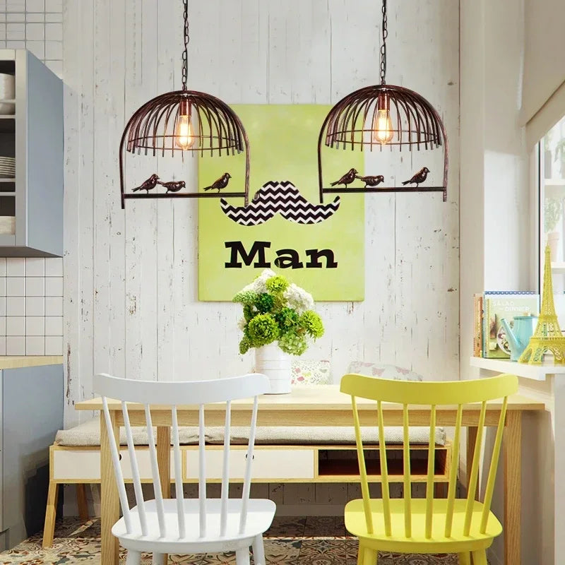 suspension lumineuse vintage oiseaux métal feuilles vert ampoules noir doré rustique