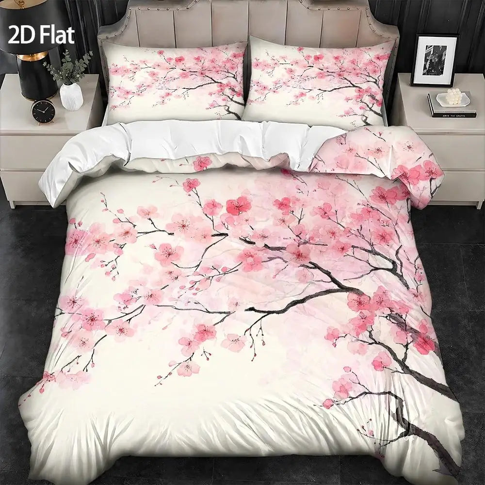 ensemble literie floral housse couette taies oreiller fleurs cerisier printemps moderne blanc rose noir