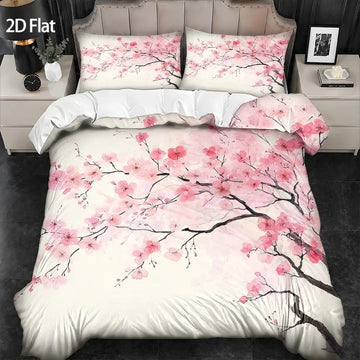 ensemble literie floral housse couette taies oreiller fleurs cerisier printemps moderne blanc rose noir
