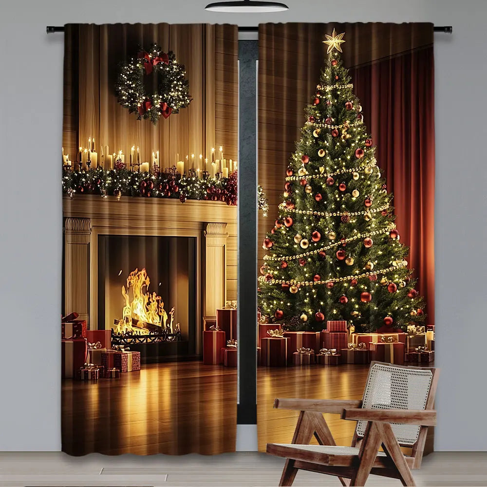 rideau noël imprimé sapin décorations hiver marron vert rouge blanc
