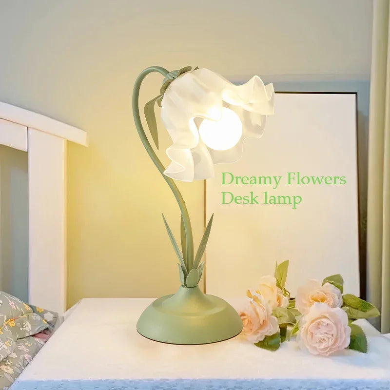 lampe table moderne vert clair acrylique transparente fleurs blanches floral prise ue câble électrique